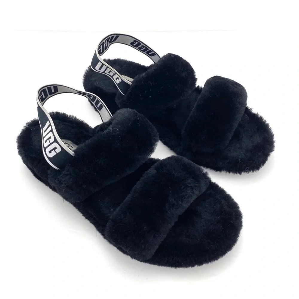 Ugg Oh Yeah Fur Double Strap Flat Sandals In Black Size 10